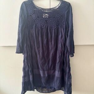 Anthropologie Holding Horses Navy Crochet Agusta Textured Chiffon Swing Dress